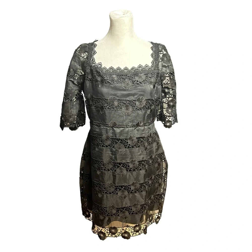 Lulus Black Lace Mini Dress Large Square Neck Puff Sleeve Romantic Cocktail